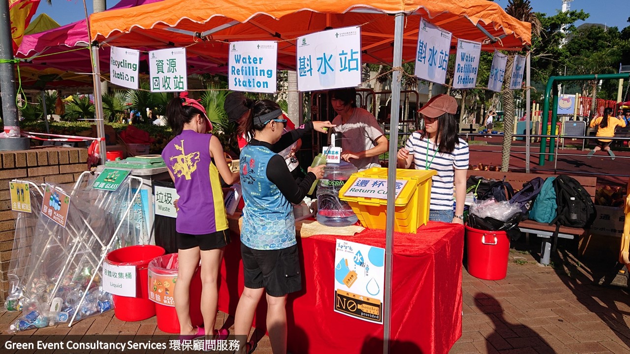 Participants are using the facilities at the recycling and water refilling station