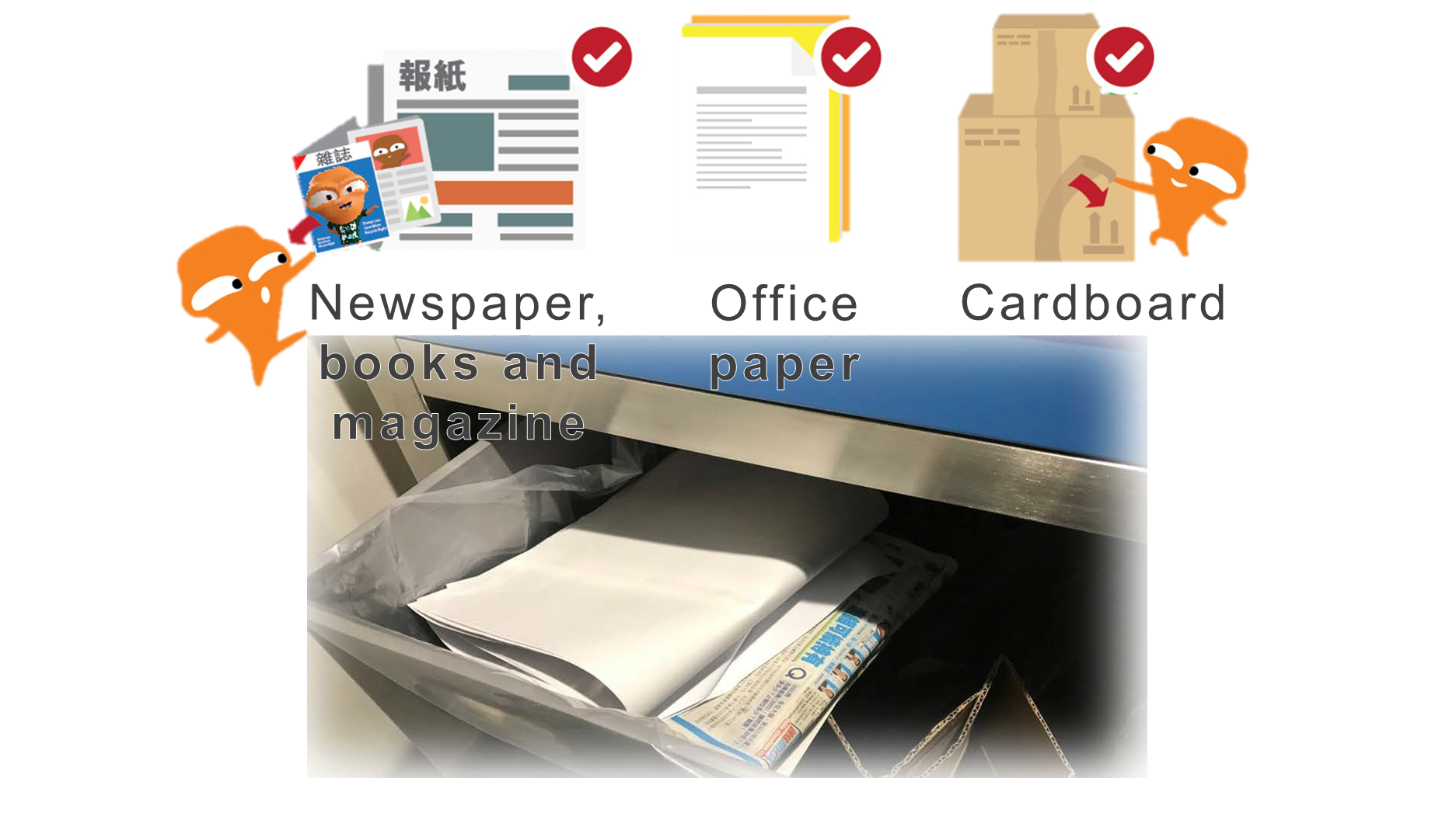 Clean recycling tips for newspaper, books and magazines, office paper and cardboard - tear off plastic tape, remove non-paper materials and keep dry