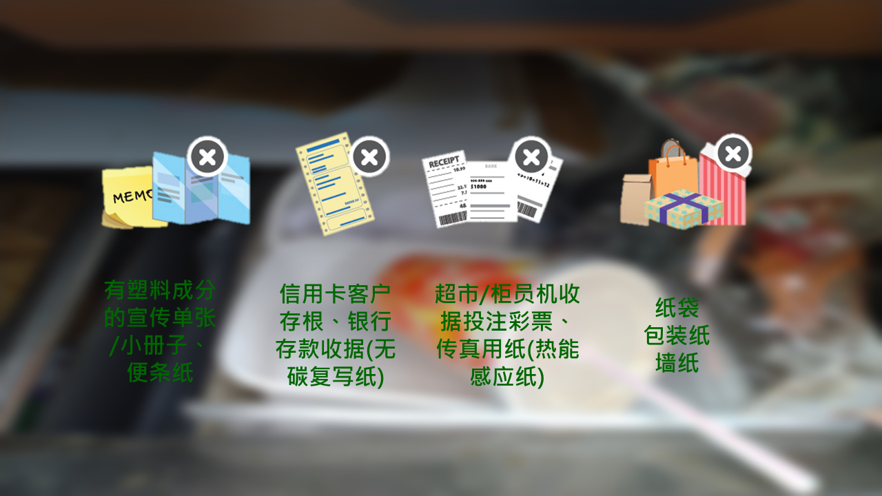 有塑胶成分的宣传单张/小册子、便条纸；信用卡客户存根、银行存款收据(无碳复写纸)；超巿/柜员机收据投注彩票、传真用纸(热能感应纸)；纸袋包装纸墙纸?